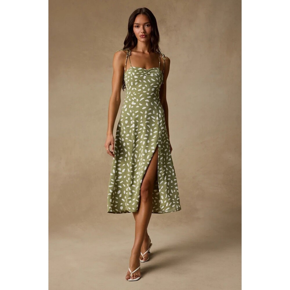 Lulus Midi Dress Womens XS Sage Green Party in Paris Tie Strap Side Slit Smocked